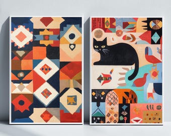 Mexican Geometric Abstract Poster Set, Textured Oil Painting Wall Art, Red, Blue, Modern Art for Home Decor, Black Mexican Cat, Textile Art