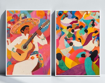 Set of 2 Colorful Mexican Wall Art, Mariachi Musician, Printable