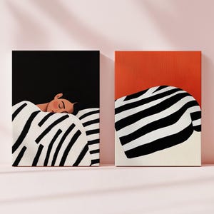 Set of 2 Sleepy Woman Portrait Poster Modern People Wall Art Minimalist Large Print Feminine Bedroom Stripe Digital Download Black And White