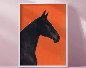 May include: A black horse's head and neck are silhouetted against a bright orange background. The horse is facing to the right, and its head is tilted slightly down. The image is a simple, minimalist design.