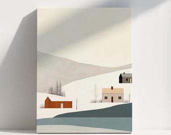 Winter Scandinavian House Art Print Minimalist Nordic Landscape Poster Neutral Simple Geometric Wall Art  Home Decor Digital Download