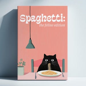 Spaghetti The Feline Edition Poster, Cute Black Cat Eating Pasta, Funny Kitchen Art, Whimsical Food Illustration, Cat Lover Wall Decor, Pink