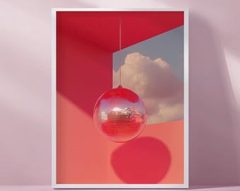 Bola de discoteca rosa retrofuturista, arte holográfico rosa, arte mural maximalista Y2K, impresión de arte pop divertida, impresión de bola de discoteca de moda, arte surrealista