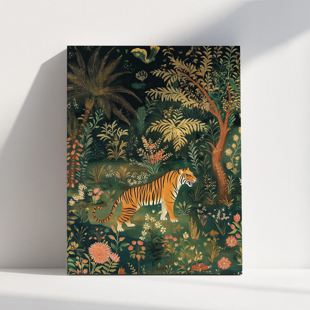 Tiger in Jungle Wall Art Indian Miniature Print Vibrant Green Poster ...