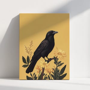 Minimalistic Black Raven Branch Poster Modern  Wall Art Yellow Bird Artwork Boho Aesthetic Crow Home Decor Ornithologist Printable Download