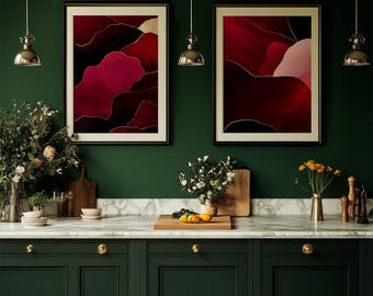 Juego de 2 carteles abstractos en rojo oscuro, impresión en color burdeos con detalles dorados, arte rojo oscuro melancólico, decoración de pared moderna romántica, decoración de pared estética de cereza