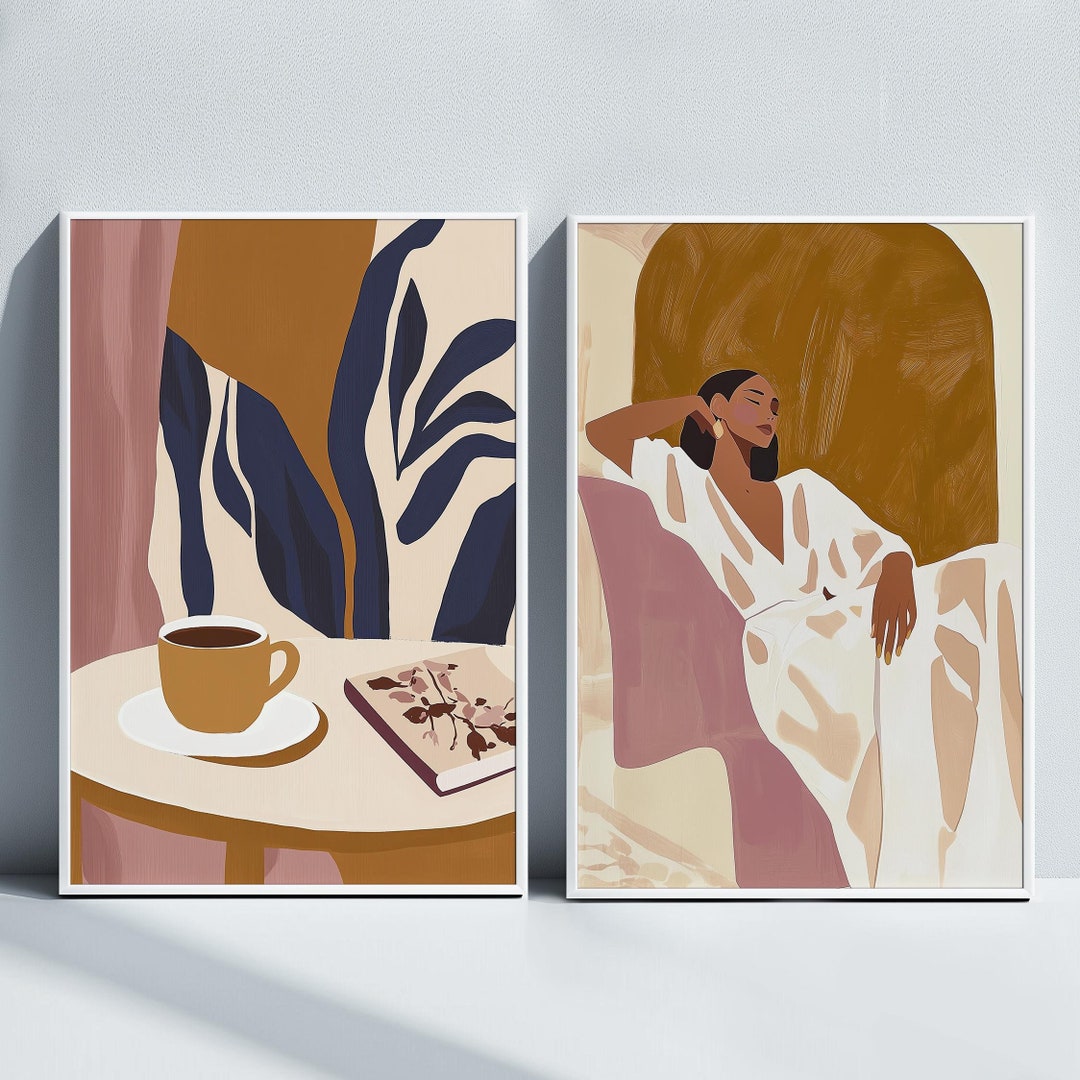 Set of 2 Minimalist Abstract Portrait & Coffee Cup Poster Modern Print