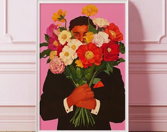 Man with Giant Bouquet Poster, Pink Background Wall Art, Floral Art Print, Fun Bold Flower Illustration, Trendy Romantic Design, Girl&#39;s room