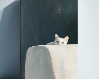 White Cat Wall Art, Minimalist Feline Poster, Cute Pet Print, Modern Home Decor, Animal Lover Artwork, Gift for Cat Owner, Aesthetic Poster