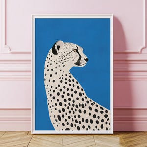White Cheetah on Blue Background Poster, Cheetah Print Home Decor, Leopard Wall Art, Cheetah Picture, Digital Download, Cheetah Illustration