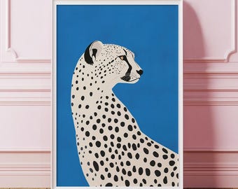 White Cheetah on Blue Background Poster, Cheetah Print Home Decor, Leopard Wall Art, Cheetah Picture, Digital Download, Cheetah Illustration