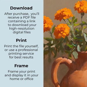 May include: An oil painting of orange marigold flowers in a brown ceramic vase. The flowers have multiple layers of petals and green stems. The vase has a curved handle. Text on the left side says "Download", "Print", and "Frame".