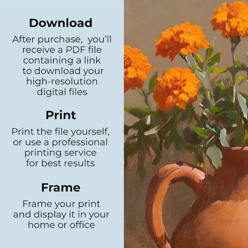 May include: An oil painting of orange marigold flowers in a brown ceramic vase. The flowers have multiple layers of petals and green stems. The vase has a curved handle. Text on the left side says "Download", "Print", and "Frame".