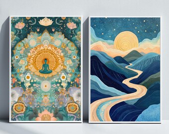 2 Yoga Poster, Blue Spiritual Wall Art, Mindful Meditation Digital Print, Calmness Poster, Energy Healing Art Print, Zen Artwork, Chakra Art