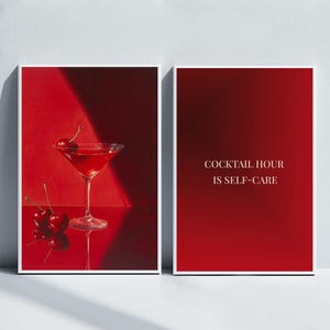 Set of 2 Cherry Martini Posters, Cherry Art and Red Quote Poster, Cocktail Hour Wall Decor, Modern Pop Art Prints, Cherry Aesthetic