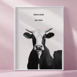Vegan Cow Print Download, Black and White Vegan Art Print, Vegetarian Wall Art,  Gift For Vegan, No milk Poster, Farmer Kitchen Wall Decor