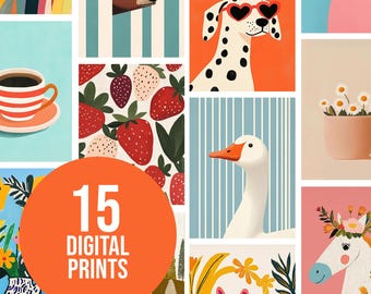 Paquete de 15 impresiones digitales caprichosas para guardería, galería de pared, decoración vibrante para el hogar, ilustraciones para habitación infantil, conjunto moderno y vibrante para descargar