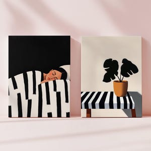 Set of 2 Abstract Woman Digital Print Modern Minimalist Wall Art Large Print Feminine Bedroom Stripe People Digital Download Black And White