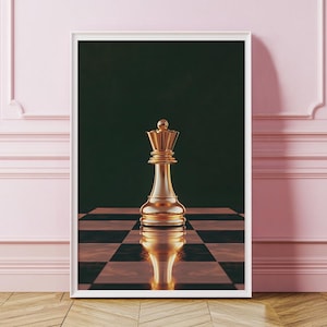 Golden Chess Queen Poster, Modern Art of Chessboard, Elegant Wall Decor for Game Room, Chess Art Print, Minimalist Dark Luxury Wall Art