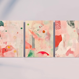 Juego de 3 obras de arte abstractas para pared, impresión abstracta, póster rosa claro, arte estético para pared, diseño de obra de arte neutra colorida de gran tamaño, juego de arte multicolor