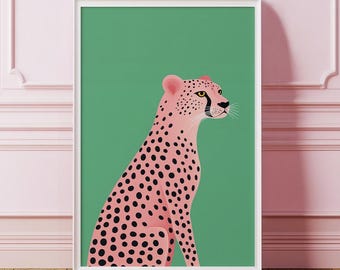 Pink Cheetah on Green Background Poster, Cheetah Print Home Decor, Leopard Wall Art, Cheetah Picture, Trendy Cheetah Illustration, Y2K Art