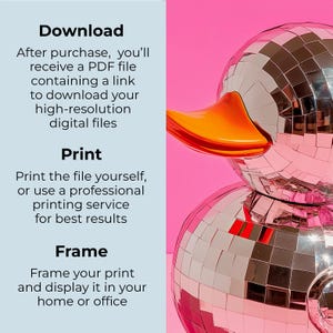 Puede incluir: Una figura de pato de bola de disco rosa sobre un fondo rosa. El texto en el lado izquierdo de la imagen dice: "Descargar Despu&eacute;s de la compra, recibir&aacute;s un archivo PDF que contiene un enlace para descargar tus archivos digitales de alta resoluci&oacute;n Imprimir Imprime el archivo t&uacute; mismo o utiliza un servicio de impresi&oacute;n profesional para obtener los mejores resultados Enmarcar Enmarca tu impresi&oacute;n y exhibela en tu casa u oficina"