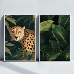Cheetah and Tropical Leaves Poster Set, Cheetah Print Home Decor, Green Leopard Wall Art, Cheetah Picture, Digital Poster, Animal Nature Art