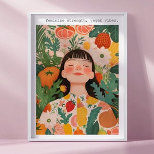 Vegan Girl with Veggies Print, Vegan Art Print, Vegetarian Wall Art,  Gift For Vegan, Animal Rights Poster, Feminine Kitchen Wall Decor