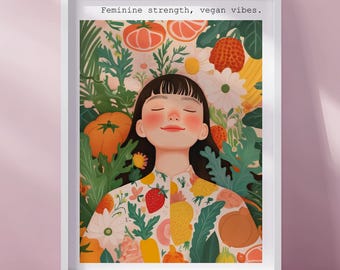 Vegan Girl with Veggies Print, Vegan Art Print, Vegetarian Wall Art,  Gift For Vegan, Animal Rights Poster, Feminine Kitchen Wall Decor