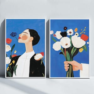 Set of 2 Minimalist Abstract Portrait & Flowers Poster Modern Print Abstract Woman Large Wall Art Feminine Living room Mid Century Poster
