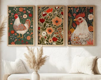 3 Chicken Posters, Animal Art Print, Chicken Lover Wall Art, Gift For Vegan, Animal Lover Poster, Farmer Kitchen Decor, Folk Illustration
