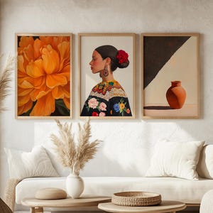Set of 3 Mexican Art Posters,Marigold Flower Poster, Printable Mexican Woman Portrait Wall Decor, Minimalist Mexican Oil Painting Wall Print