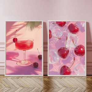 Set of 2 Cherry Cocktail Posters, Burgundy Cherries On Pink background, Retro-Modern Aesthetic Wall Art, Pop Art Martini Prints, Bar Poster