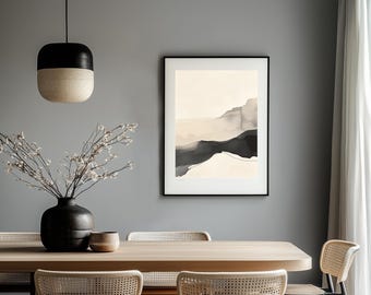 Arte mural abstracto en tonos neutros, líneas fluidas y formas orgánicas en beige suave y gris, impresión minimalista, obra de arte Japandi, póster neutro
