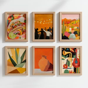 6er Set Mexikanische Kunstdrucke, Agave, Mariachi-Instrumente, Fiesta-Szene, Tonkrug und Abstrakte Wüstenlandschaftskunst, mexikanisches Poster