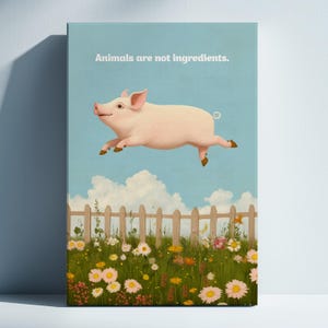 Descarga de impresión de cerdo juguetón vintage, impresión de arte vegano, arte de pared vegetariano, regalo para veganos, póster vegano divertido, decoración de pared de cocina de granjero