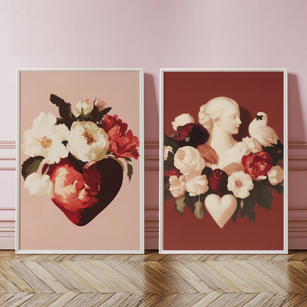 Set of 2 Vintage Love Posters, Romantic Valentine's day Decor, Wedding Gift, Anniversary Print, Floral Home Artwork Print, Red Heart Poster