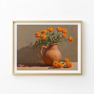 Mexican Art Poster,Marigold Flower Poster, Printable Mexican Ceramic Jug Wall Decor, Horizontal Minimalist Latin Oil Painting  Wall Print