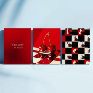 Set of 3 Cherry Posters, Chess Board Wall Art, Think Smart, Live Sweet Quote Print, Trendy Pop Art Wall Decor, Large Digital Burgundy Poster
