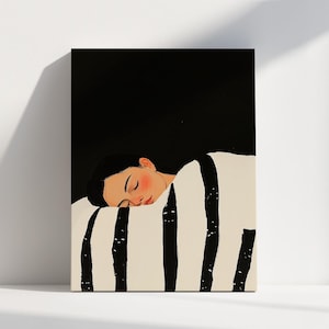Abstract Woman Portrait Wall Art Modern People Poster Black & White Minimalist Large Wall Art Feminine Bedroom Stripe Digital Painting Art