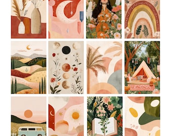 Set of 12 Boho Wall Art Prints, Bundle Abstract Wall decor, Bohemian Botanicall Aesthetic, Bundle of Nature Poster Decor, Mid Century Art