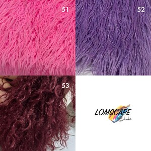May include: Three swatches of long-pile faux fur fabric in bright pink, purple, and deep burgundy, labeled 51, 52, and 53 respectively. The image includes the text LOMSCAPE Studio with a colorful paint stroke graphic in the bottom right corner.