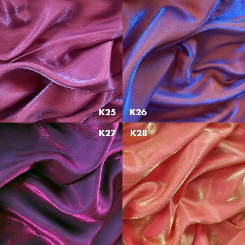 May include: A grid of four fabric swatches with a shimmering, iridescent finish. Top left K25 is deep magenta, top right K26 is vibrant blue-purple, bottom left K27 is dark violet, and bottom right K28 is a warm coral-peach with gold highlights.
