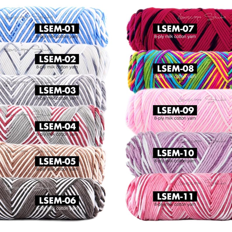 May include: A collection of eleven skeins of 8-ply milk cotton yarn in various colors. Each skein is labeled with a unique LSEM number. Colors include blue, white, gray, red, brown, and pink, with some skeins featuring striped patterns.