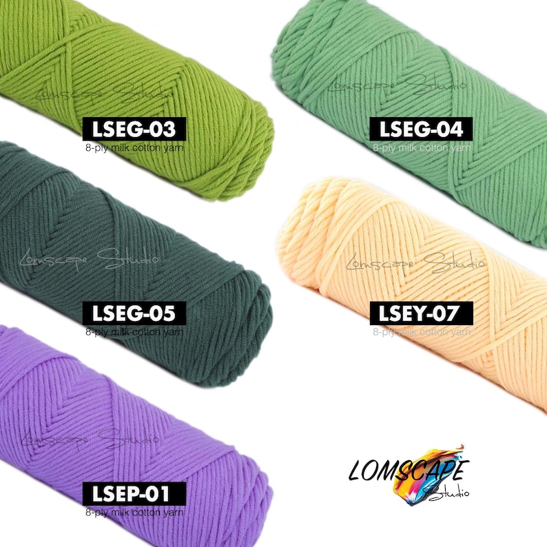 May include: A collection of colorful yarn skeins in shades of green, teal, yellow, and purple. Each skein has a label with a product code and the text "8-ply milk cotton yarn". The "Lomscape Studio" logo is visible in the bottom right corner.