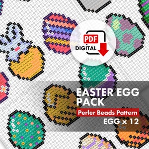 Op de afbeelding: Een digitaal PDF-patroon voor Perler-kralen paaseieren. De afbeelding toont een raster van kleurrijke gepixelde eierontwerpen in verschillende kleuren, waaronder oranje, paars en groen. De tekst op de afbeelding luidt "Easter Egg Pack" en "Egg x 12".