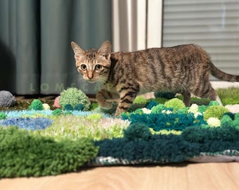 以下が含まれることがあります： 茶色の縞模様のあるトラ猫が、緑と青の模様のふわふわの質感の敷物の上を歩いている。敷物は、小さな緑色のボールなど、さまざまな形と質感を持っている。