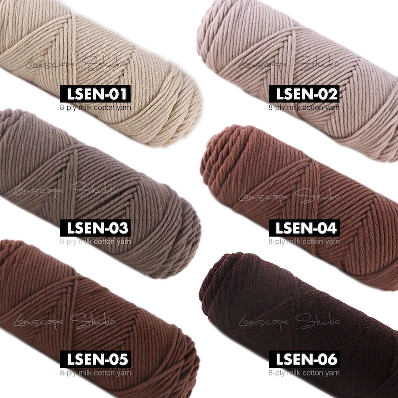 May include: Six skeins of 8-ply milk cotton yarn in various shades of brown and beige. Each skein is labeled with a code: LSEN-01, LSEN-02, LSEN-03, LSEN-04, LSEN-05, and LSEN-06. The yarn is from Lomscope Studio.