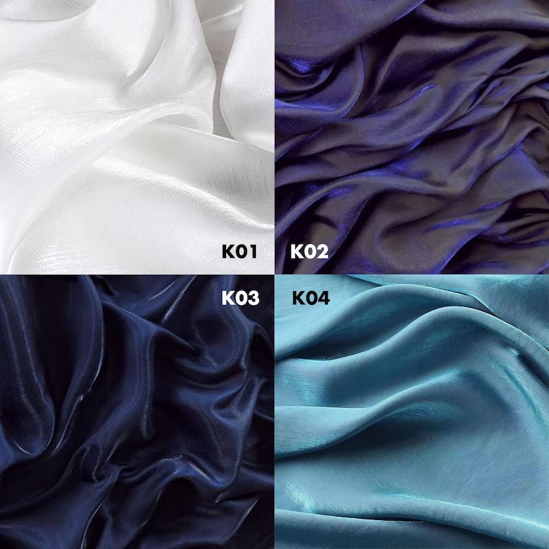 May include: A four-panel grid showing swatches of shimmering fabric. Top left is white labeled K01, top right is deep purple labeled K02, bottom left is dark navy blue labeled K03, and bottom right is light teal blue labeled K04.