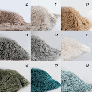 May include: A grid of nine swatches of long-pile faux fur fabric in various colors, labeled 10 through 18. The colors include shades of taupe, beige, tan, dark gray, light gray, white, olive green, deep teal, and light blue-green.